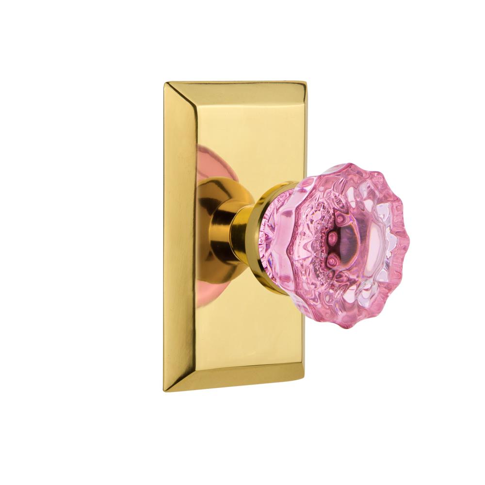 Nostalgic Warehouse STUCRP Colored Crystal Studio Plate Passage Crystal Pink Glass Door Knob in Polished Brass